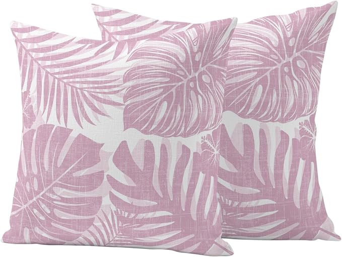 Pink Palm Leaves Outdoor Pillow Covers 24"x24" Set of 2, Tropical Botanical Minimalist Modern Waterproof Throw Pillow Covers for Patio Furniture, Decorative Cushion Covers for Porch