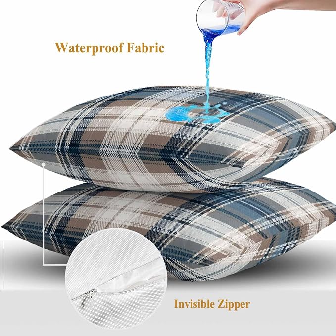 Outdoor Waterproof Throw Pillow Covers Set of 2 Blue Brown Buffalo Plaid Pillowcases 18x18 Inches Check Plaid Decorative Pillows Cushion Case Patio Pillows for Couch Bed Chair Garden