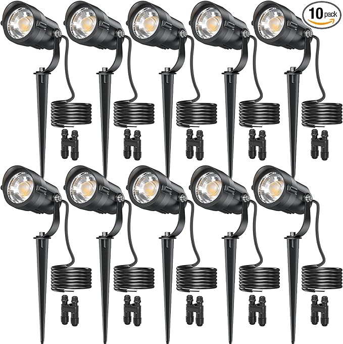 HIBOITEC Spotlights Low Voltage Landscape Lighting with Connectors 600LM 2900K Landscape Lights Kit 12-24V AC/DC IP65 Waterproof for House Yard Trees Garden Outdoor 10 Packs