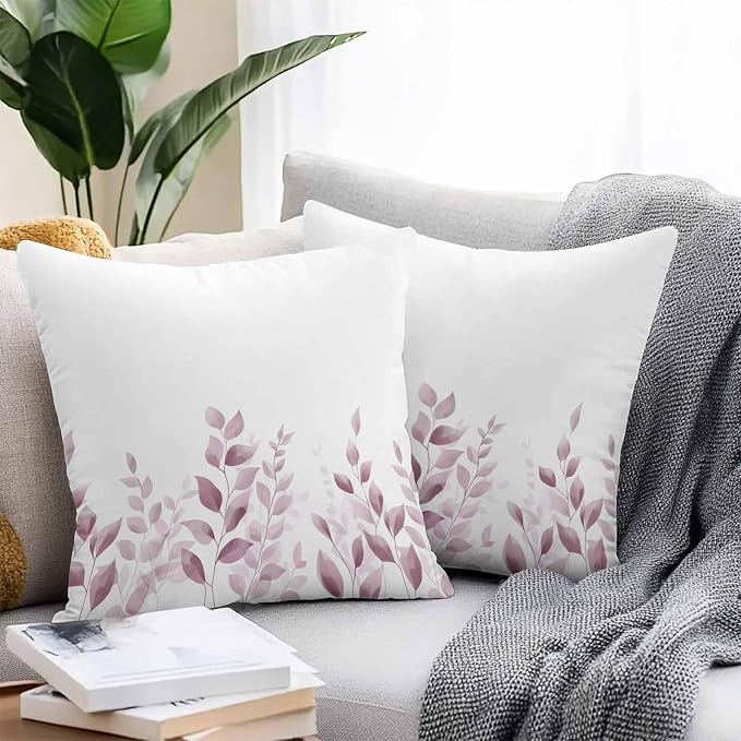 Pink Eucalyptus Outdoor Waterproof Throw Pillow Covers 18x18 Set of 2, Leaf Plants Watercolor Plant White Decorative Pillowcases Cushion Pillowcase for Couch Sofa Patio Outside Pillow Protector