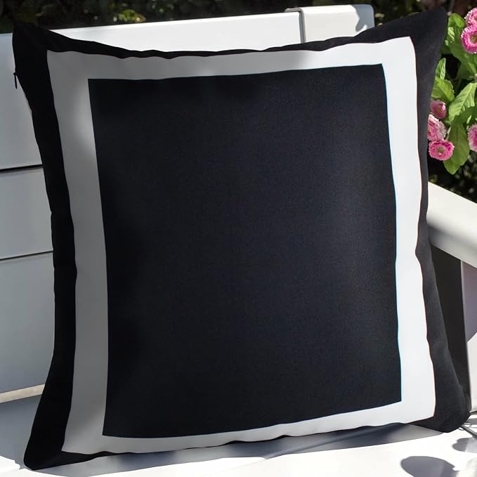 Pyonic Set of 2 Black Outdoor Pillow Covers Waterproof 18x18 Black and White Square Decorative Pillow Covers Geometric Pillowcases for Patio Furniture Garden Porch