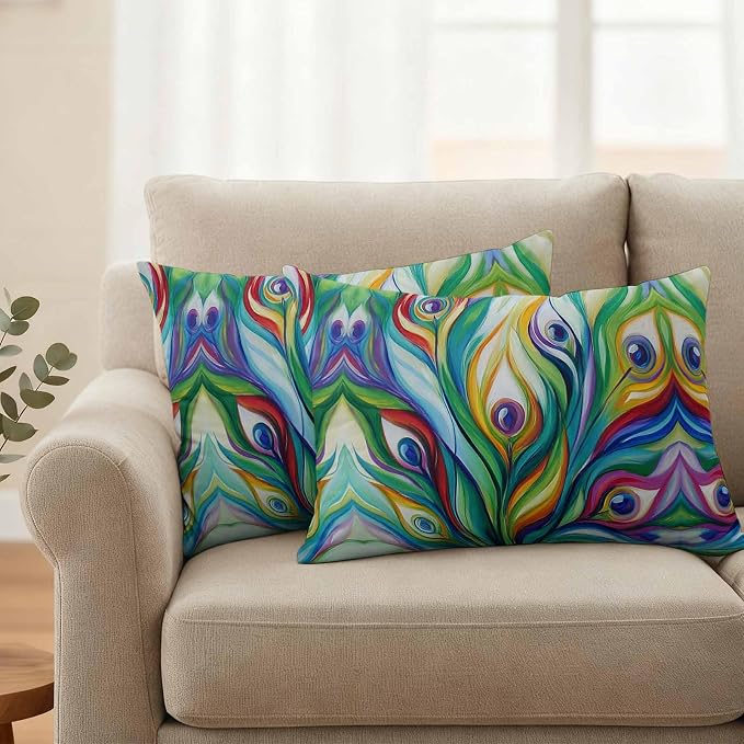 Outdoor Waterproof Pillow Covers 20x12Inch Peacock Feathers Colorful Gradient Throw Pillowcases for Patio Garden Couch Sofa Vibrant Abstract Art Decorative Cushin Case,Pack of 2