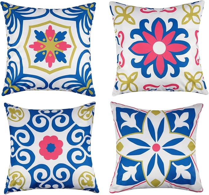 Pyonic Outdoor Pillows Waterproof Throw Pillow Covers Set of 4 Floral Printed and Boho Farmhouse Outdoor Pillow Covers for Patio Funiture Garden 18x18 Inch