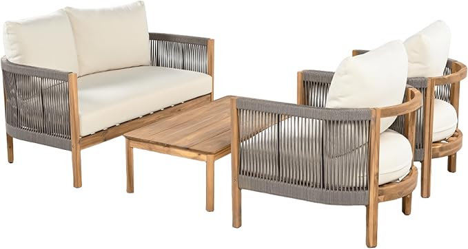 Christopher Knight Home Havets 4 Pieces Outdoor Acacia Furniture Set, Woven Rope Loveseat and Accent Club Chairs, Conversation Sets with 6" Thick Cushions for Backyard Garden Balcony, Gray+Beige