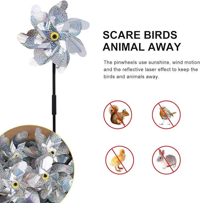 BATTIFE Preassembled Reflective Pinwheels for Yard & Garden, Silver, 10Pack | Sparkly Reflective Material Spinner, Spins Best in Steady Wind, Animal-Deterrent Results Vary by Placement and Conditions