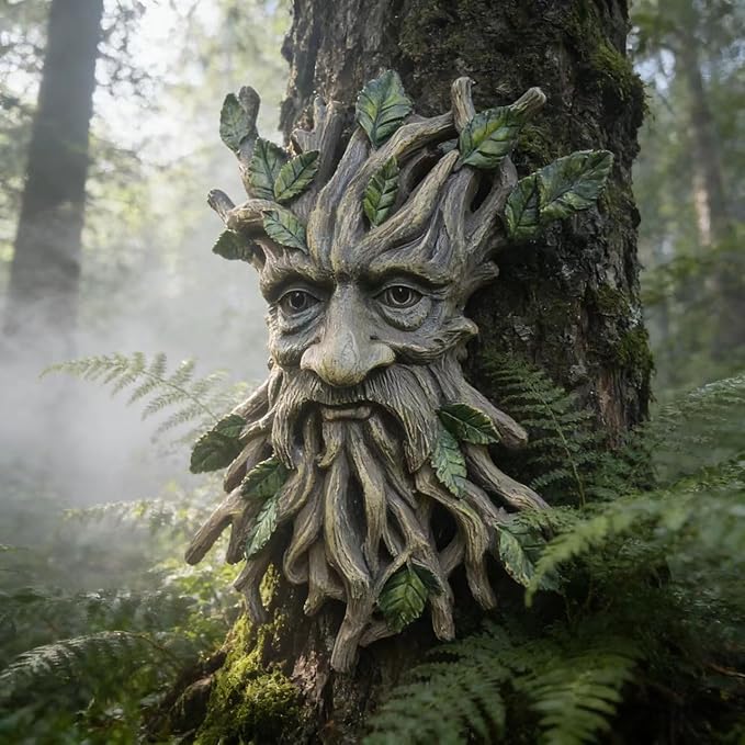 Whimsical Tree Face Garden Decoration ，Tree Faces Decor Outdoor Wallmounted Statue Art with Leaf Features, Outdoor Decor Garden Accessory (Nature and Outdoors)