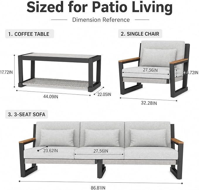 Aluminum Patio Furniture Set 5 Seats, Oversized Outdoor Sectional with Washable Thick Cushions, Coffee Table and Waterproof Cover, Patio Conversation Sets for Porch, Balcony, Deck Grey