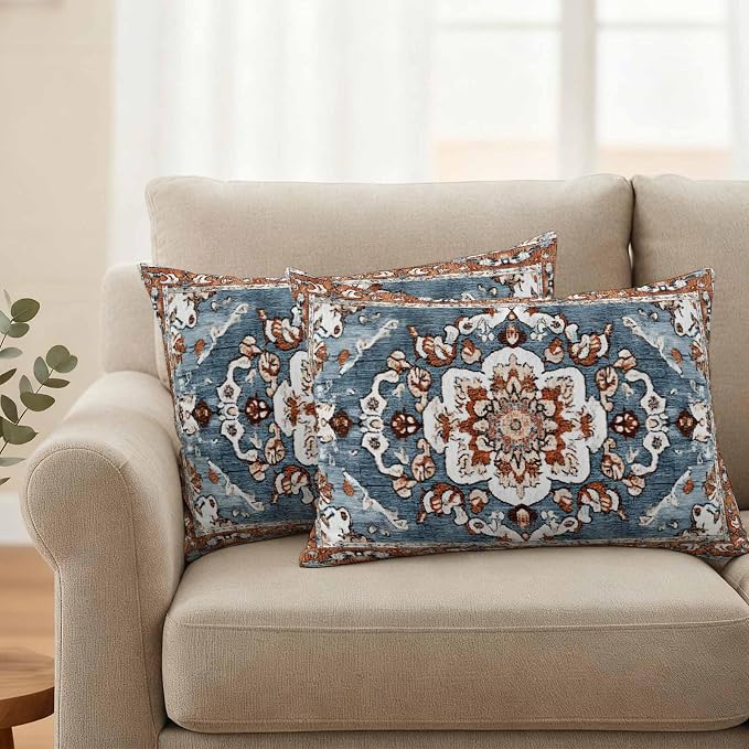 Blue Bohemian Waterproof Outdoor Pillow Covers Set of 2 Home Decor, Retro Pattern Oriental Farmhouse Ethnic Pillowcase Patio Pillow Covers for Couch Bench Furniture Garden 20x12in