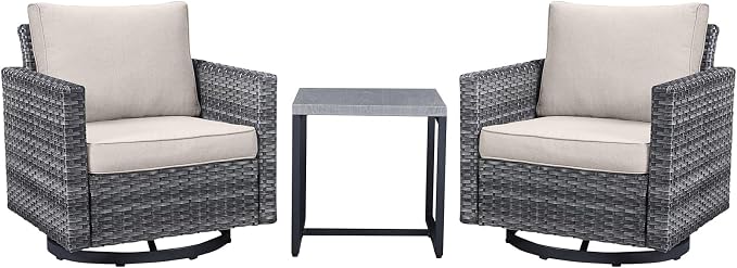 Belord Outdoor Bistro Set 3 Piece Wicker Swivel Rocker Patio Chairs, Oversize Outdoor Rattan Seating Set, Patio Swivel Glider Chairs Wicker Furniture with Metal Side Table for Porch Outside Backyard