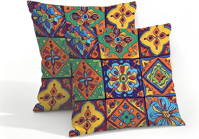 16x16 Inch Outdoor Pillow Covers Set of 2 Waterproof Throw Pillow Covers Decorative Couch Cushion Covers Mexican Floral Checkered Square Pillowcases Protectors for Patio Garden Sofa