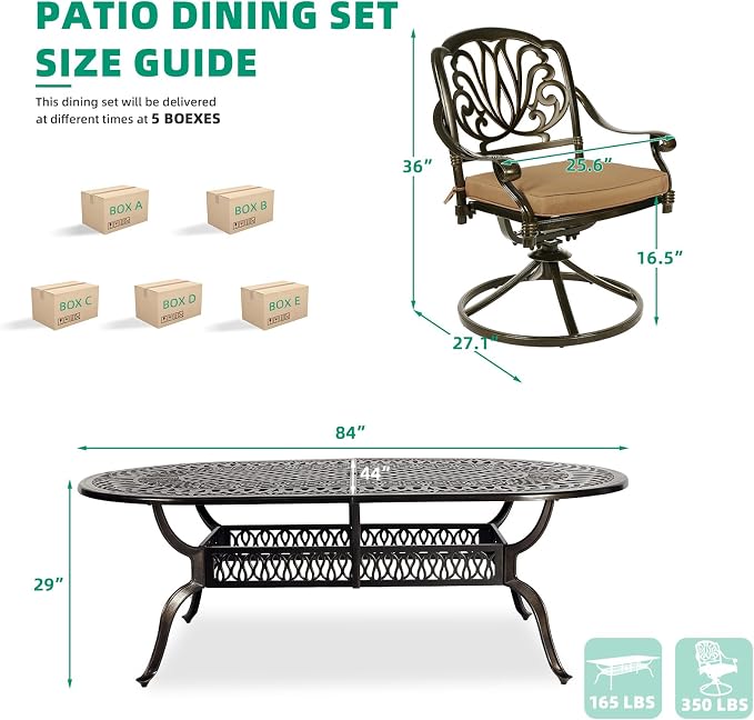 VIVIJASON 9-Piece Patio Furniture Dining Set, All-Weather Cast Aluminum Outdoor Conversation Set, Include 8 Swivel Dining Chairs and an Oval Table with Umbrella Hole for Lawn Garden Backyard
