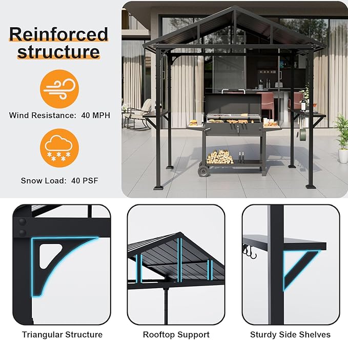 ALAULM 8'x 5' Hardtop Grill Gazebo, Outdoor BBQ Gazebo Metal Roof Canopy with 2 Metal Side Shelves & 5 Tool Hooks for Patio, Garden, Backyard, Poolside (Dark)