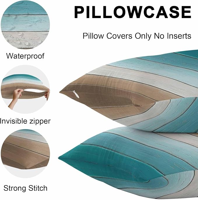 Teal Brown Outdoor Pillow Covers 24x24 Inch Throw Pillow Covers Set of 2 Waterproof Decorative Pillow Cases Rustic Vintage Abstract Ombre Wooden Plank Cushion Covers for Patio Furniture Garden Couch