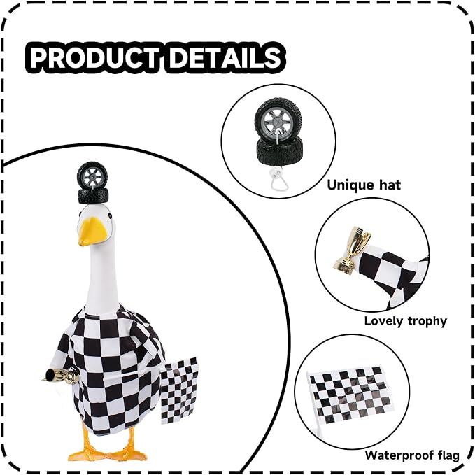 CAMDUCK Porch Goose Racing Outfits Race Car Driver Outfit Costume Racer Checkered Goose Clothes for Cement Lawn Geese
