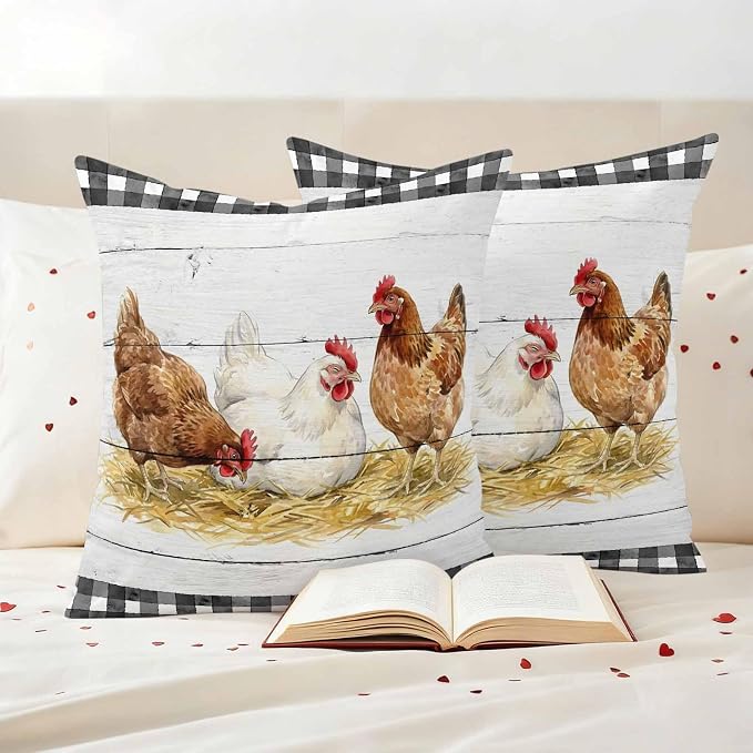 Farmhouse Rooster Outdoor Waterproof Pillow Covers, Farm Chicken Animals Retro Grey Wooden Decorative Square Throw Pillowcase Sofa Cushion Sham for Patio/Couch/Chair, 16"x16" 2 Pack