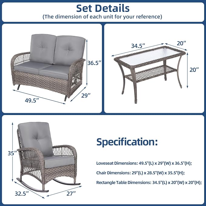 4-Piece Wicker Patio Furniture Sets Outdoor All-Weather Rattan Conversation Set Includes Glider Loveseat, Glass-Top Coffee Table, 2 Rocking Chairs with Thickened Cushions, Gray