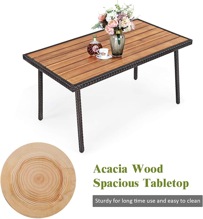 Tangkula 4 PCS Patio Rattan Furniture Set, Outdoor Conversation Set w/Cushions & Acacia Wood Coffee Tabletop, Sectional Sofa Set for Garden, Backyard, Poolside (1, Brown)