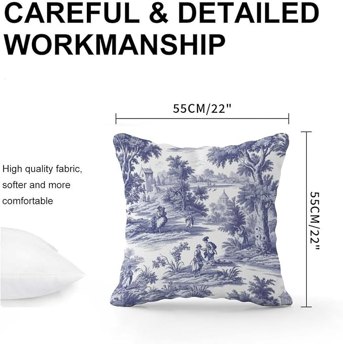 Navy White Blue Decorative Toile Print Cushion Cases French Charmed Life Toile Throw Pillow Cover Rustic Decorative Cushion Covers Home Decor for Patio Furniture Garden 22x22 in