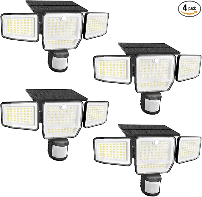 6000LM Solar Lights Outdoor, 4 Heads Motion Sensor Outdoor Lights, Solar Flood Lights for Yard House Outside Garage, IP65 Waterproof, 3 Modes, Easy Install, 4 Pack