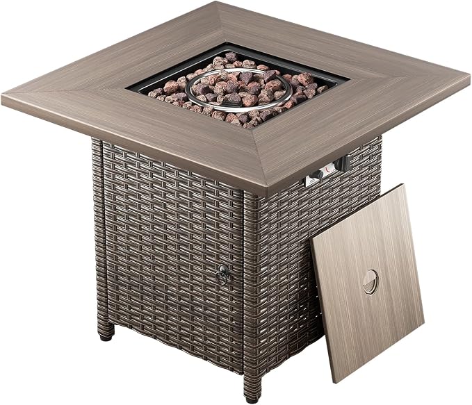 Luxury High Back Patio Furniture Set with 30" Fire Pit Table & 6" Thick Cushions, 5-Pieces Outdoor Furniture with 4 Swivel Chairs, Wicker Conversation Set for Porch, Balcony, Deck and Yard, Brown/Blue