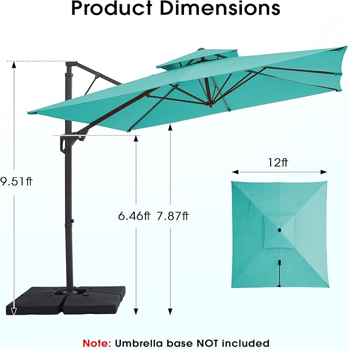 JEAREY 12ft 2-Tier Cantilever Patio Umbrella, Large Square Outdoor Offset Umbrella with Double Top Vent and 360-degree Rotation for Garden, Deck, Pool, Patio, Peacock Blue