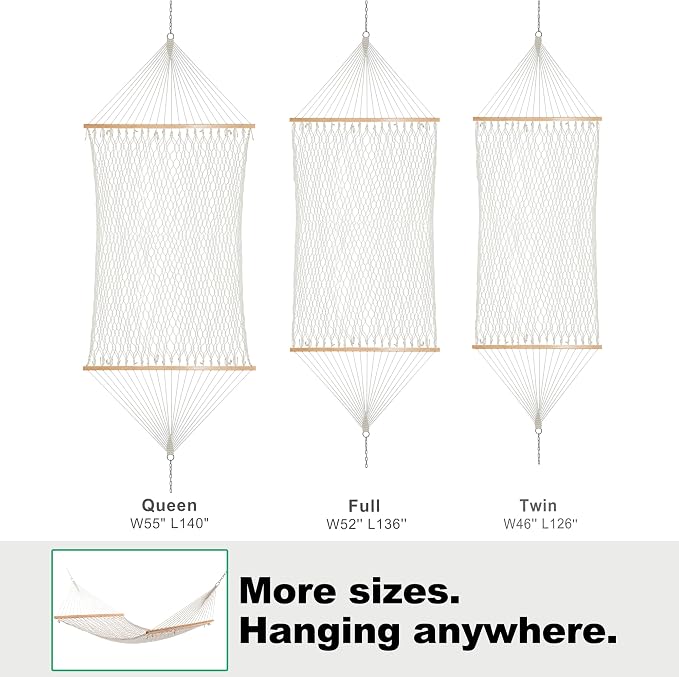 GAFETE Rope Hammock 2 Person Traditional Hand Woven Outdoor Cotton Hammocks with Hardwood Spreader Bar, Max 450 lbs Capacity (Natural Beige, Large)