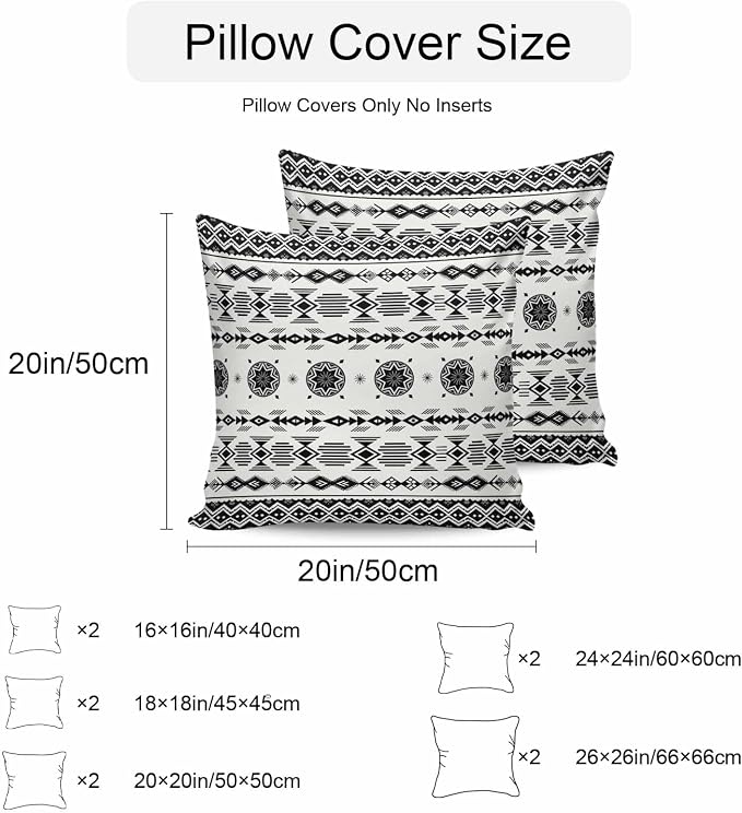 Black White Boho Outdoor Pillow Covers 24x24 Inch Throw Pillow Covers Set of 2 Waterproof Decorative Pillow Cases Vintage Abstract Art Ethnic Tribe Cushion Covers for Patio Furniture Garden Couch Sofa