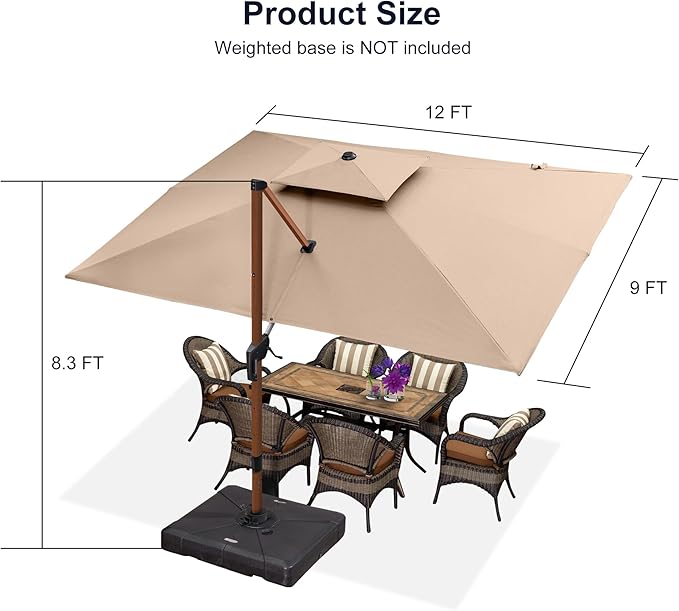 PURPLE LEAF 9' X 12' Double Top Deluxe Wood Pattern Rectangle Patio Umbrella with Base Offset Hanging Umbrella Outdoor Market Umbrella Garden Umbrella, Beige