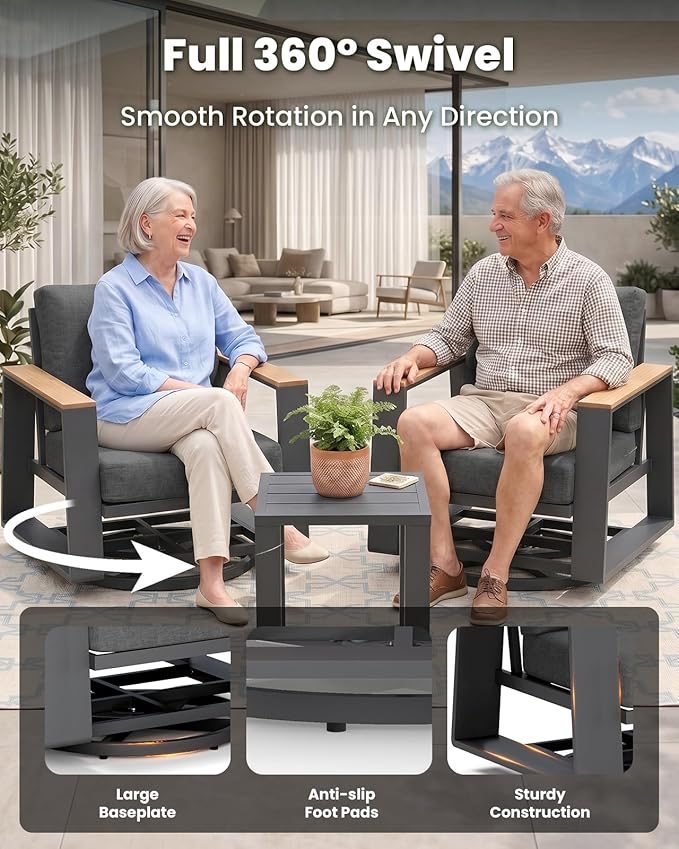 Aluminum Outdoor Patio Furniture Set, 4-Piece Patio Conversation Set with 5" Thick Cushions, Aluminum 360-Degree Large Outdoor Furntiure Set with Side Table and 3-Seat Sofa, Graphite