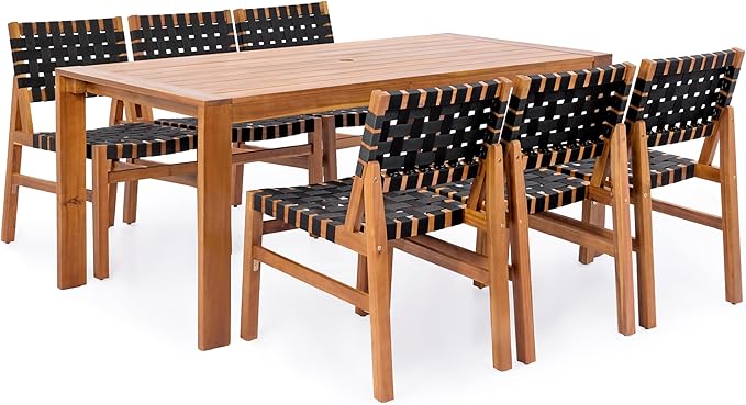 Christopher Knight Home Balew Acacia Wood Patio Dining Set for 6, Solid Wood Outdoor Dining Table Set for 6, 7 Piece Outdoor Dining Set with Rectangular Table and Woven Rope Accents, Teak+Black