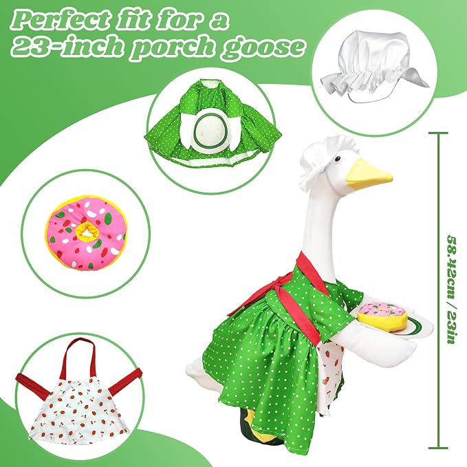 Chef Goose Outfit Green Polka Dot with Detachable Donut – Gift for Grandma, Mother – Spring Summer Garden Decoration for Cement Yard Goose