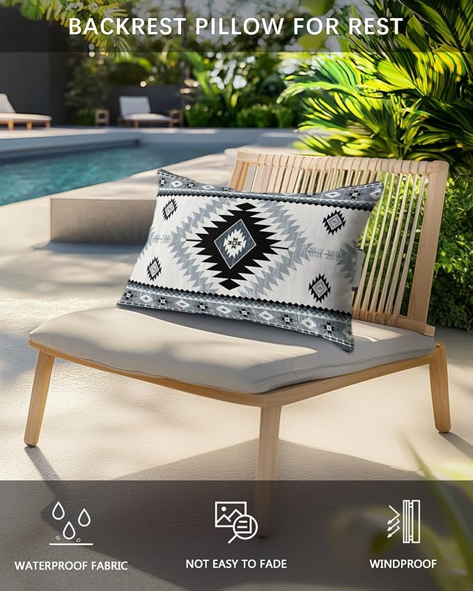 Outdoor Pillows Waterproof Covers Set of 2, Haze Blue Bohemian Adjustable Elastic Chaise Lounge Headrest Pillow Covers, Aztec Boho Tribal Decorative Lumbar Pillow for Pool Patio Furniture 20x12 Inch