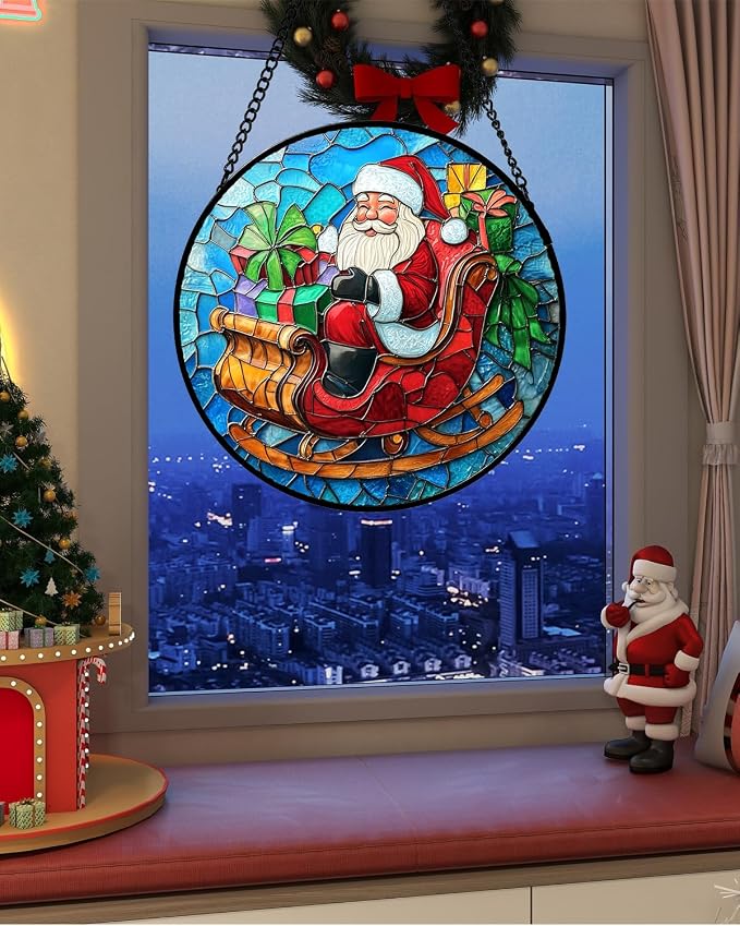 DASTOLL Stained Glass Window Hanging - Red Santa Claus Gift Box Suncatcher for Doors Home Christmas Decoration Winter Sun Catcher Thanksgiving New Year Birthday Gift for Women Men Mom Nana 7.8 in