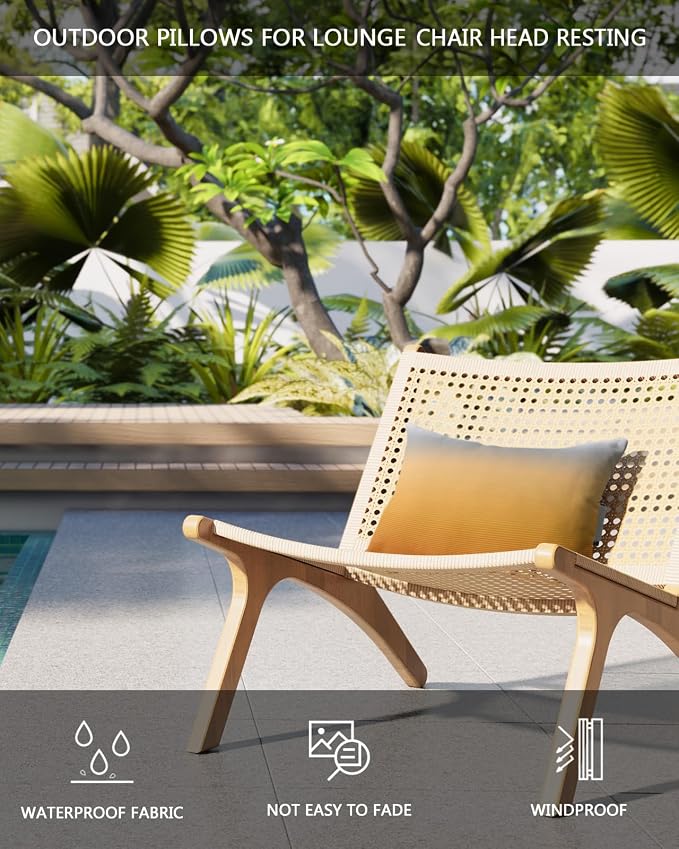 Outdoor Pillows Covers with Inserts Grey Yellow Orange Ombre Stripe Line Gradient Waterproof Recliner Pillow with Adjustable Strap Throw Pillows for Patio Furniture Pool Lounge Chair, 12x20 Inch, 2PCS
