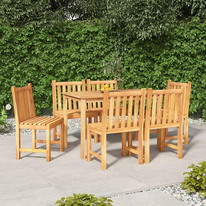 7 Piece Solid Teak Patio Dining Set with Waterproof Table and Comfortable Chairs for Garden