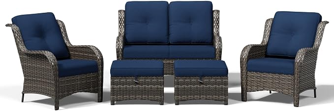 Joyside 5 Piece Wicker Patio Furniture Set, Rattan Patio Chairs with High Back, Deep Seating, Wide Armrest, Thickened Cushions, Outdoor Furniture for Deck, Porch Use