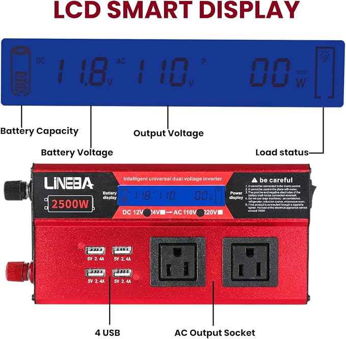 2500 Watt Power Inverter with LED Display,Dual AC Outlets,4 USB Port, 12V DC to 110V AC Converter Car Power Inverter for Car, RV, Truck, Off Grid Solar System, Camping