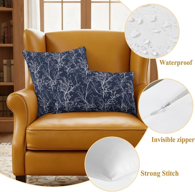 Navy Blue Branches Waterproof Outdoor Pillow Covers Set of 2 Home Decor, Abstract Art Leaves Plant Pillowcase Patio Pillow Covers for Couch Bench Patio Furniture Garden 18x18in