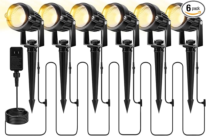 OurLeeme Outdoor LED Landscape Lighting - 6-in-1 LED Yard Spotlights for Outside with 36W Transformer, Spotlight Landscape Lighting Plug in House Spot Lights Outdoor for Yard Garden (Warm)