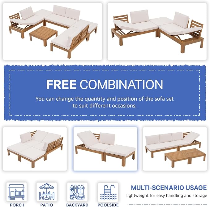 SUNSITT 4 Piece Acacia Wood Patio Furniture Outdoor Sectional Sofa Set with Adjustable Armrest, FSC Certified L-Shaped Patio Set w/2-in-1 Coffee Table, Cream White Cushions for Garden