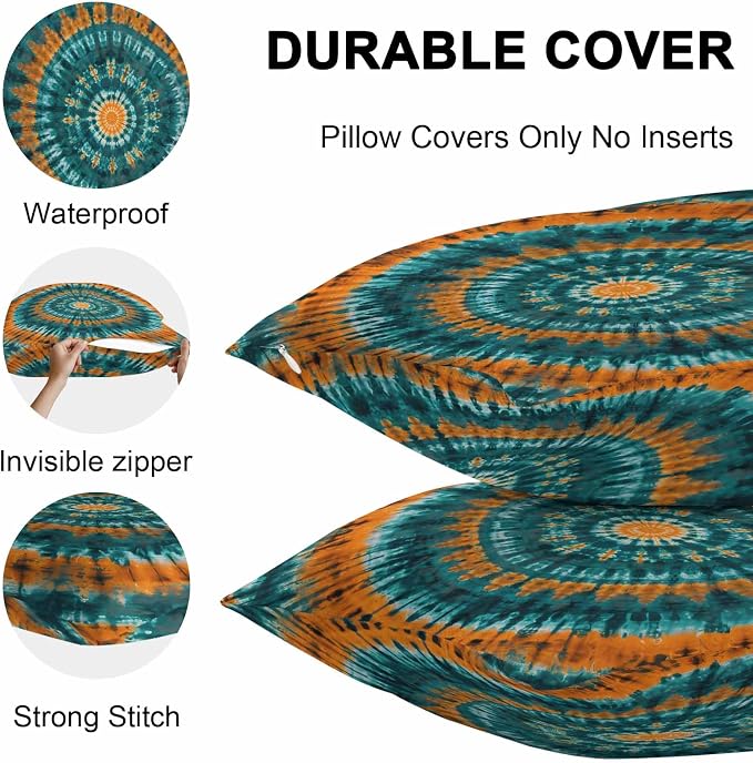 Vandarllin Outdoor Throw Pillows Covers 20x12 inch Set of 2 Waterproof Turquoise Orange Tie-Dye Art Decorative Zippered Cushion Covers for Patio Furniture, Abstract Boho Tribe Lumbar Pillowcases
