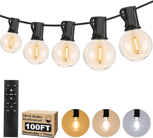 100FT 3 Color in 1 LED String Lights Outdoor Waterproof with Remote | Dimmable String Lights for Outside, G40 Globe Patio Lights with 50+2 Shatterproof Bulbs for Party Backyard BBQ House Camping