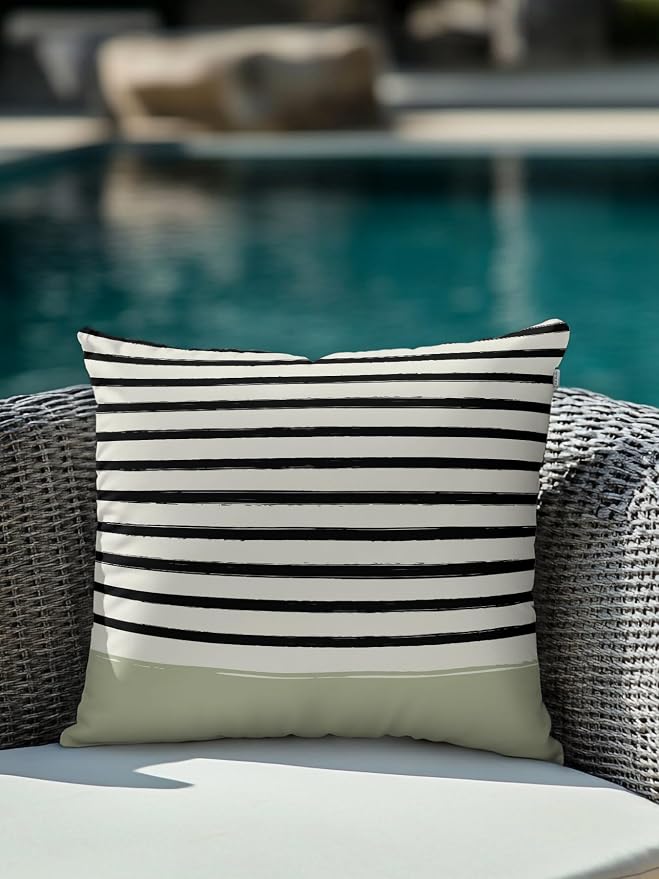 Waterproof Outdoor Pillow 1 Pack Black Stripes Decorative Throw Pillows Cover & Insert 16x16 Inch Pillowcase Striped Lines Sage Green Square Pillows for Couch Sofa Bed Patio Furniture Indoor Outdoor