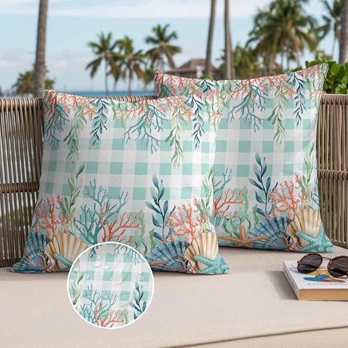 Throw Pillow Covers 20x20 Inch Set of 2, Summer Coastal Waterproof Outdoor Pillow Covers, Watercolor Corals Shells Starfish Green Plaid Decorative Cushion Pillowcases for Couch, Sofa, Bed, Patio