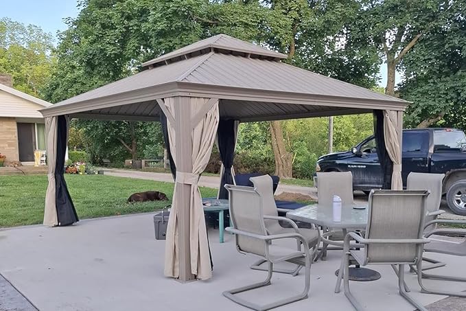 PURPLE LEAF Outdoor Gazebo 14'X16'，Champagne Hardtop Gazebo with Galvanized Steel Double Roof, Permanent Patio Gazebo with Curtains and Netting for Patio Lawn Garden and Deck