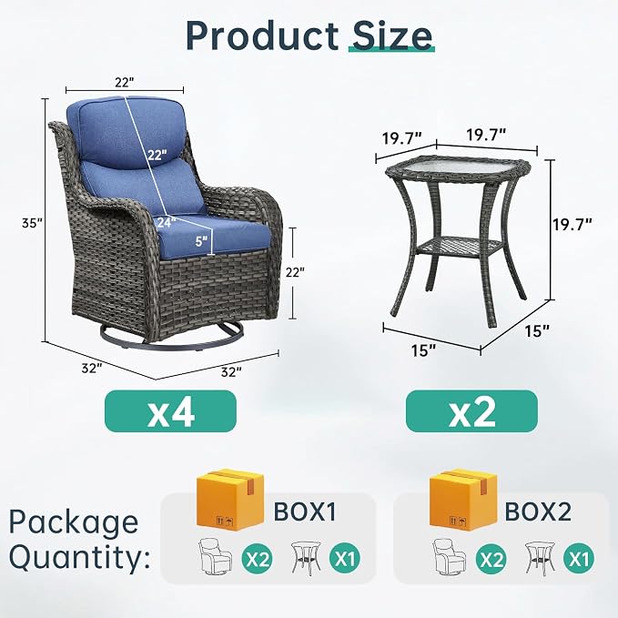 Outdoor Swivel Rocker Patio Chairs Set of 4 with Side Table - 5" Thick Cushion 6 Piece Furniture Set All Weather Comfortable Wicker Conversation Set for Porch Poolside and Deck - Gray/Blue