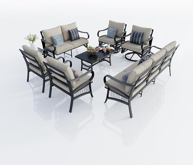 8 Pieces Patio Conversation Sets, All Weather Metal Outdoor Furniture Set with Swivel Rocking Chairs Set, Outdoor Furniture Set with Sectional Sofa Couch Loveseat (Beige Cushions)