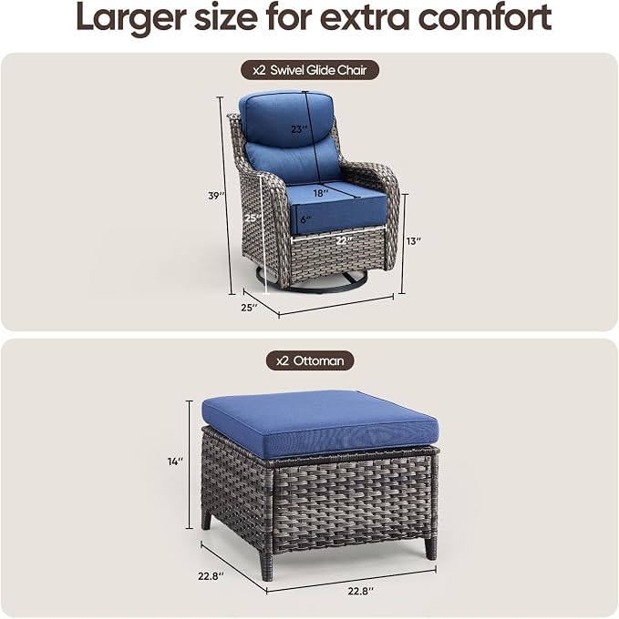 Swivel Patio Chairs Sofa Set of 4 with 6" Thick Cushion - Wicker Outdoor Swivel Rocker Patio Chair with Side Table, High Back Comfortable Outdoor Glider Chairs - Grey Wicker | Blue Cushions