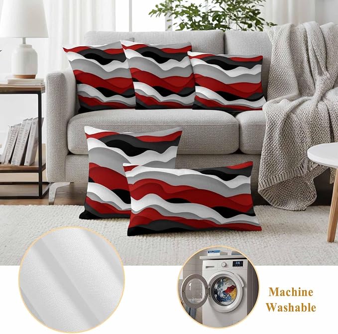 Ocean Waves Outdoor Waterproof Throw Pillow Covers Set of 2, 26"x26", Black Red Wave Gradient Decorative Pillow Covers Outside Cushion Case for Patio Porch Garden
