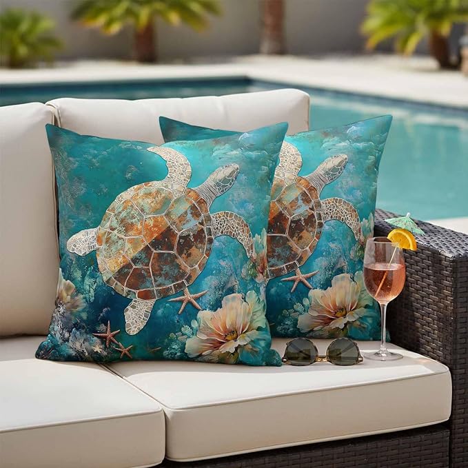 Ocean Turtle Outdoor Waterproof Throw Pillow Covers Set of 2, 16"x16", Marine Life Retro Starfish Coral Abstract Decorative Pillow Covers Outside Cushion Case for Patio Porch Garden